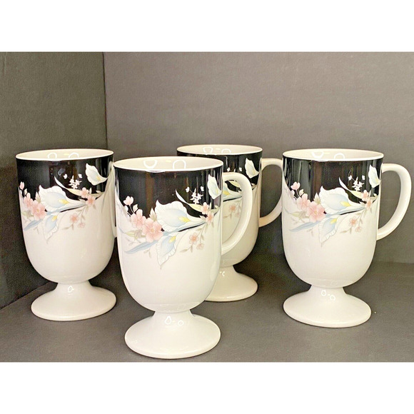 Black Rhapsody Fine China Set of Four Pedestal Cups Mugs Coffee Tea JAPAN VTG - Picture 1 of 5